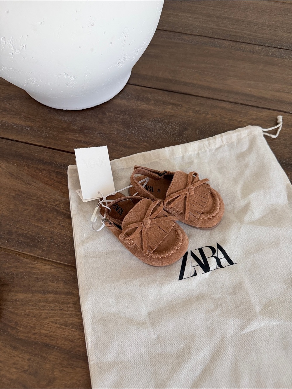 ZARA Kids Tan Suede Moccasin Shoes with Fringe & Bow